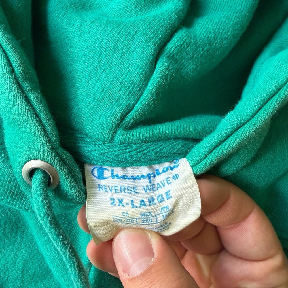 Vintage Champion Reverse Weave Green Hoodie Sweatshirt Size Medium M Patch Logo - Picture 3 of 8